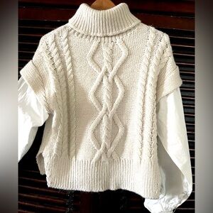 S Chunky Cream White Cable Knit Sweater & Shirt Twofer Turtleneck